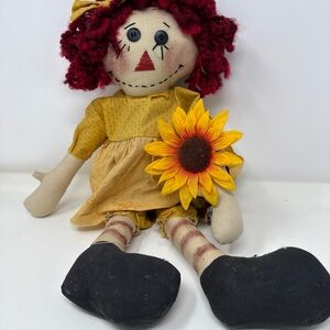 Vintage  Raggedy Ann Yellow Dress Cloth Doll Handmade Spring Sunflower Sitting